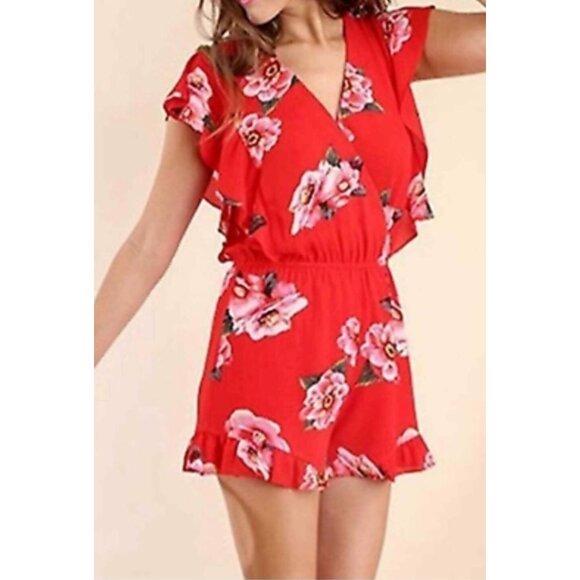 Umgee Womens Red Floral Ruffle Sleeve Wrap Romper Lightweight & Flowy Size XL - Picture 1 of 12